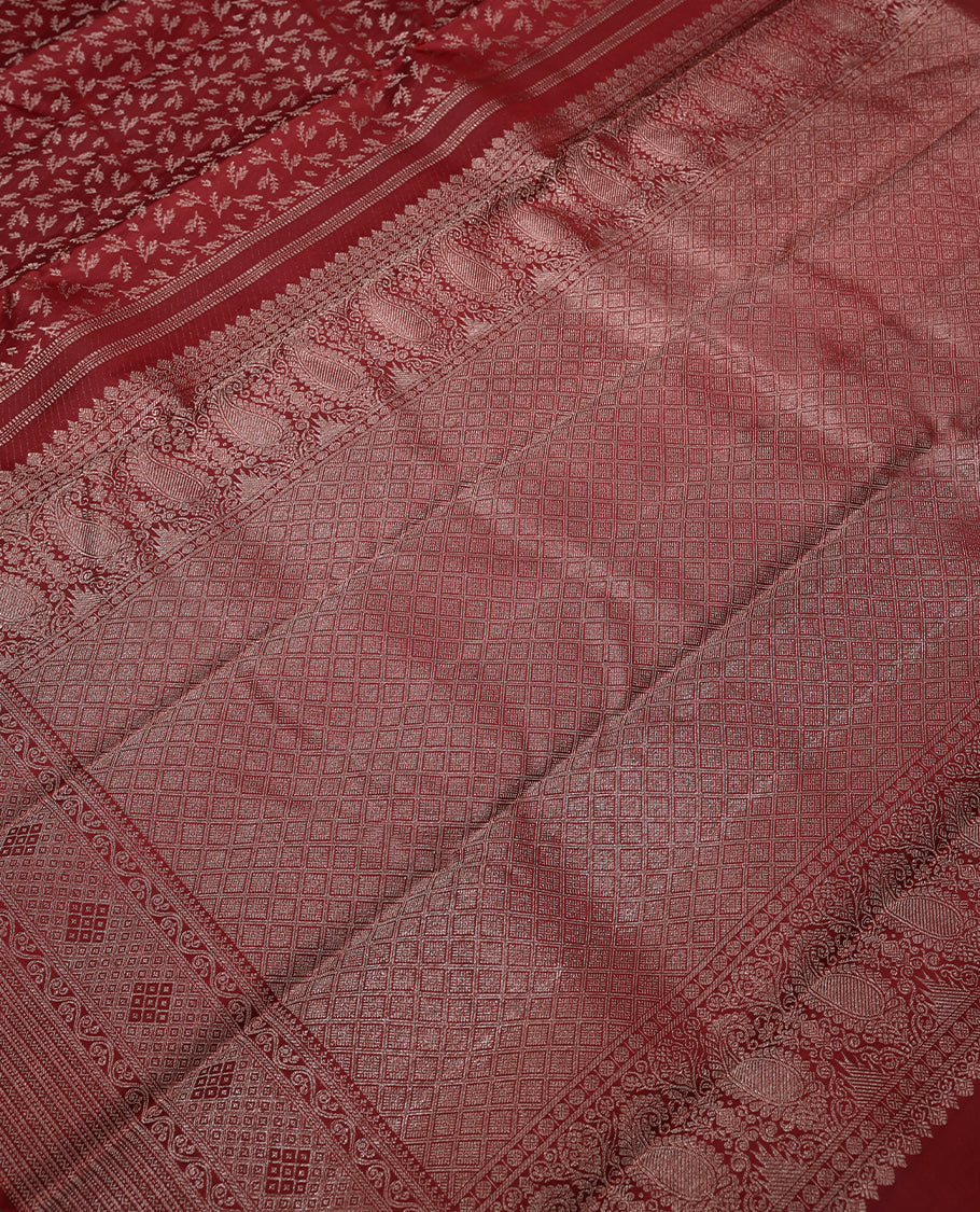 Dark Red Colour Kancheepuram Wedding Silk Saree having Zari Leaf Worked Body with Border and Self Coloured Blouse