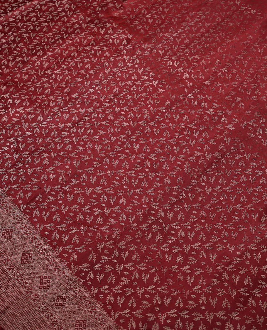 Dark Red Colour Kancheepuram Wedding Silk Saree having Zari Leaf Worked Body with Border and Self Coloured Blouse