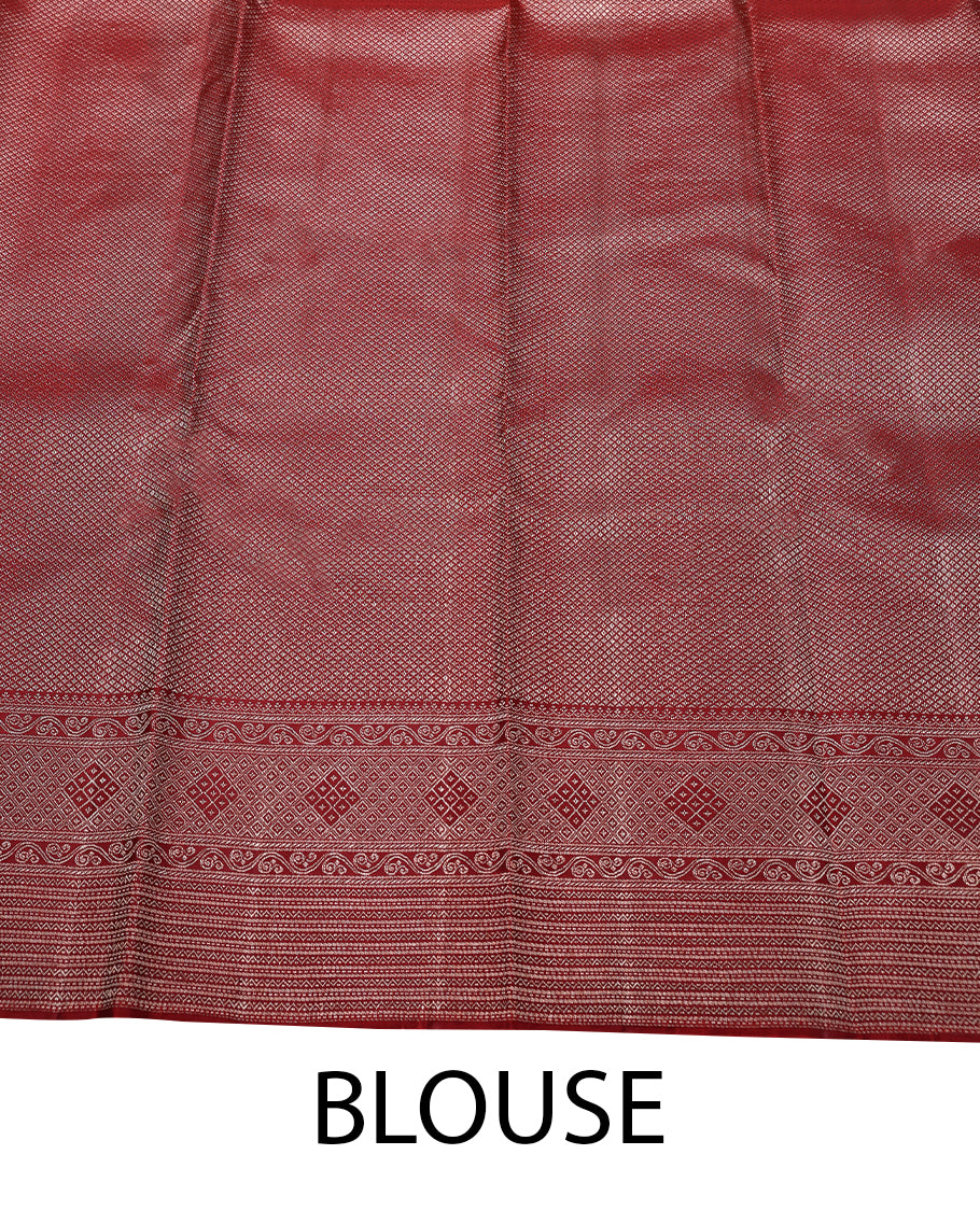 Dark Red Colour Kancheepuram Wedding Silk Saree having Zari Leaf Worked Body with Border and Self Coloured Blouse
