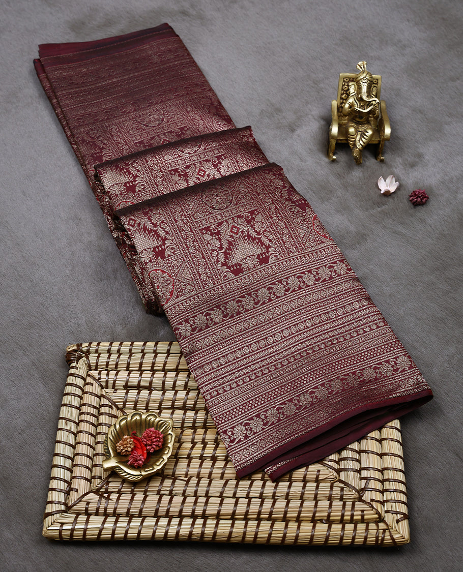 Dark Brown Colour Kancheepuram Wedding Silk Saree having Zari Worked Body and Brocade Border with Self Coloured Blouse