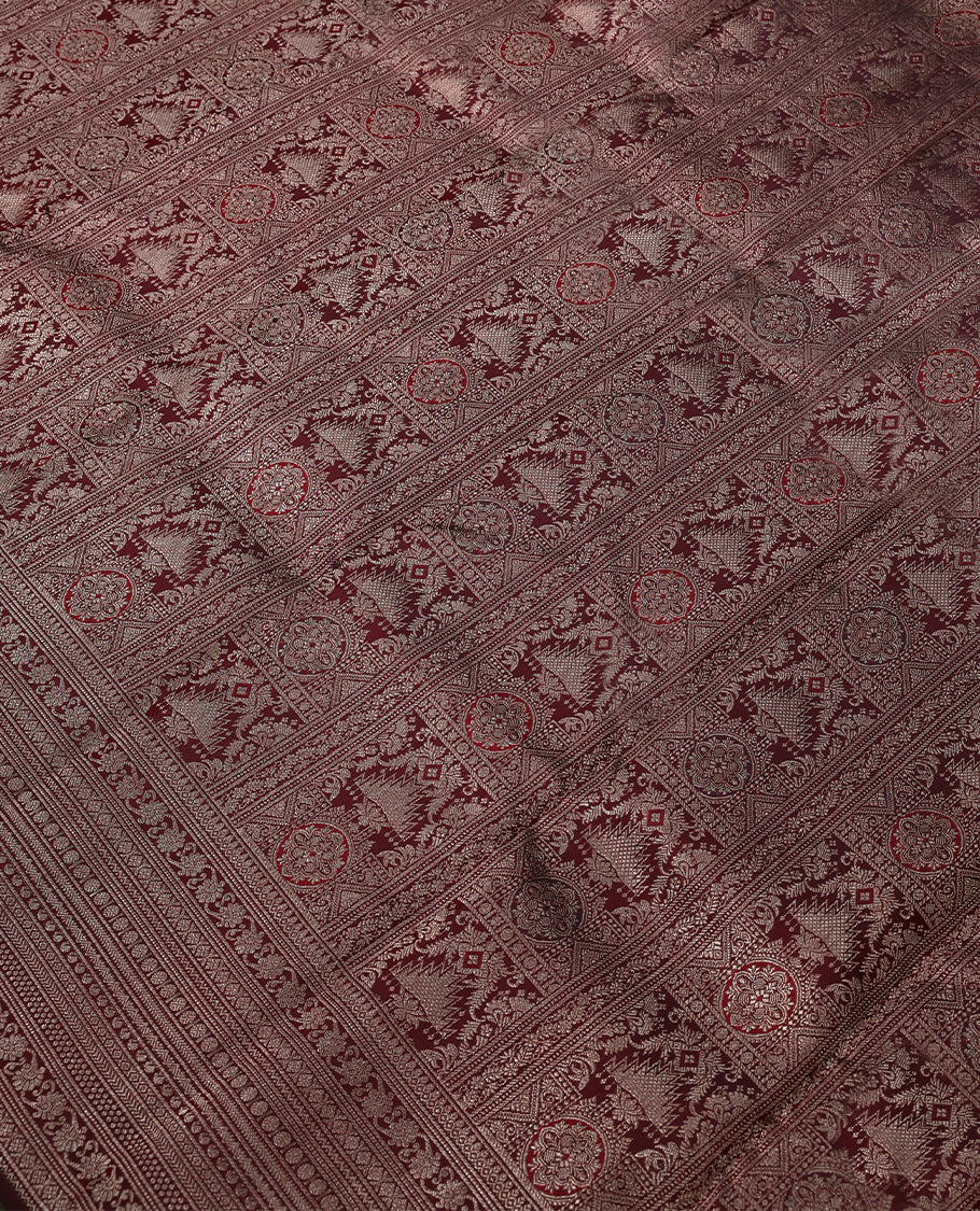 Dark Brown Colour Kancheepuram Wedding Silk Saree having Zari Worked Body and Brocade Border with Self Coloured Blouse