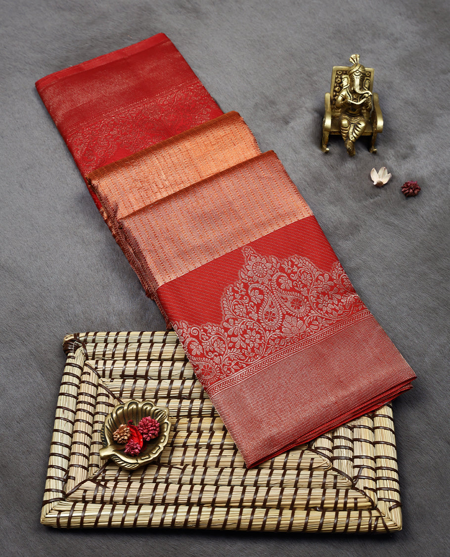 Copper Colour Kancheepuram Tissue Silk Saree having Brocade Body with Red Colour Border and Blouse