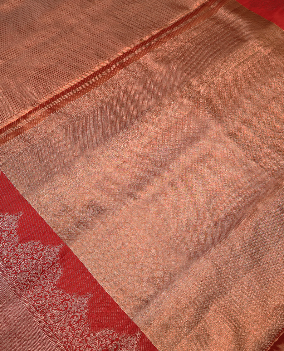 Copper Colour Kancheepuram Tissue Silk Saree having Brocade Body with Red Colour Border and Blouse