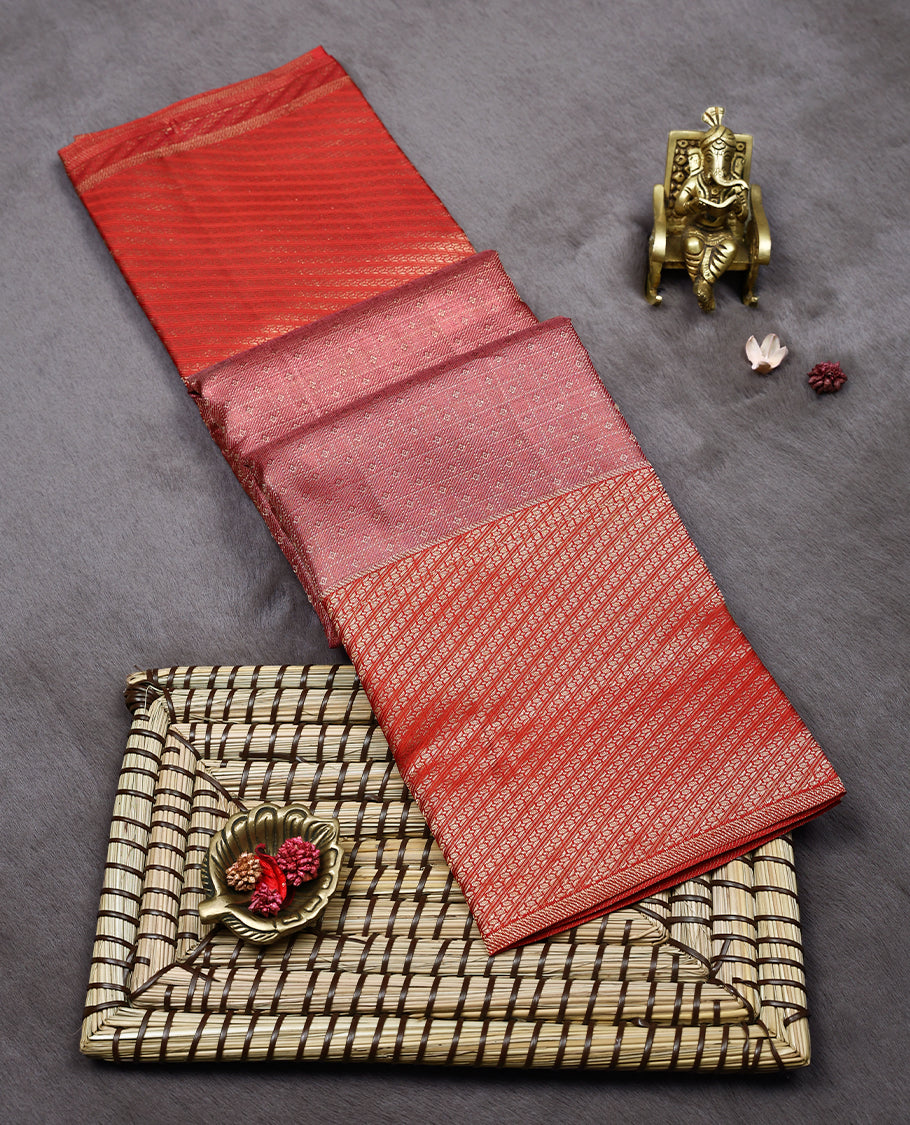Dull Pink Colour Kancheepuram Tissue Silk Saree having Zari Worked Body with Red Colour Border and Blouse