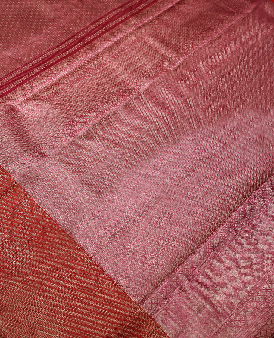 Dull Pink Colour Kancheepuram Tissue Silk Saree having Zari Worked Body with Red Colour Border and Blouse
