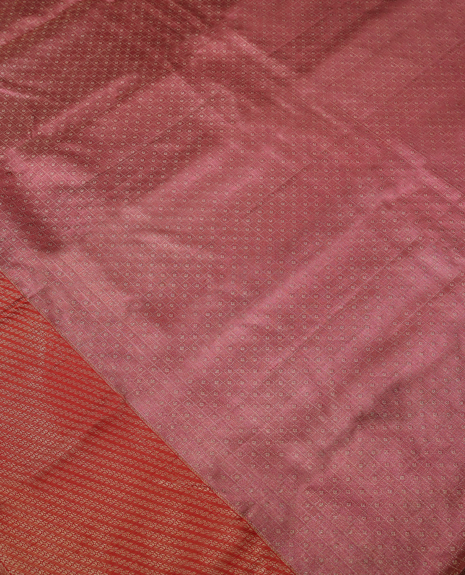 Dull Pink Colour Kancheepuram Tissue Silk Saree having Zari Worked Body with Red Colour Border and Blouse