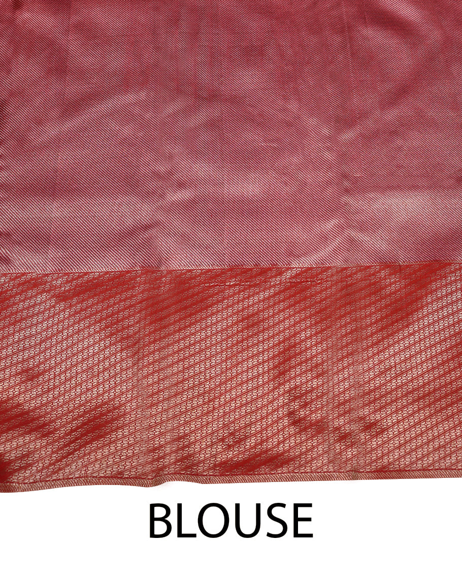 Dull Pink Colour Kancheepuram Tissue Silk Saree having Zari Worked Body with Red Colour Border and Blouse