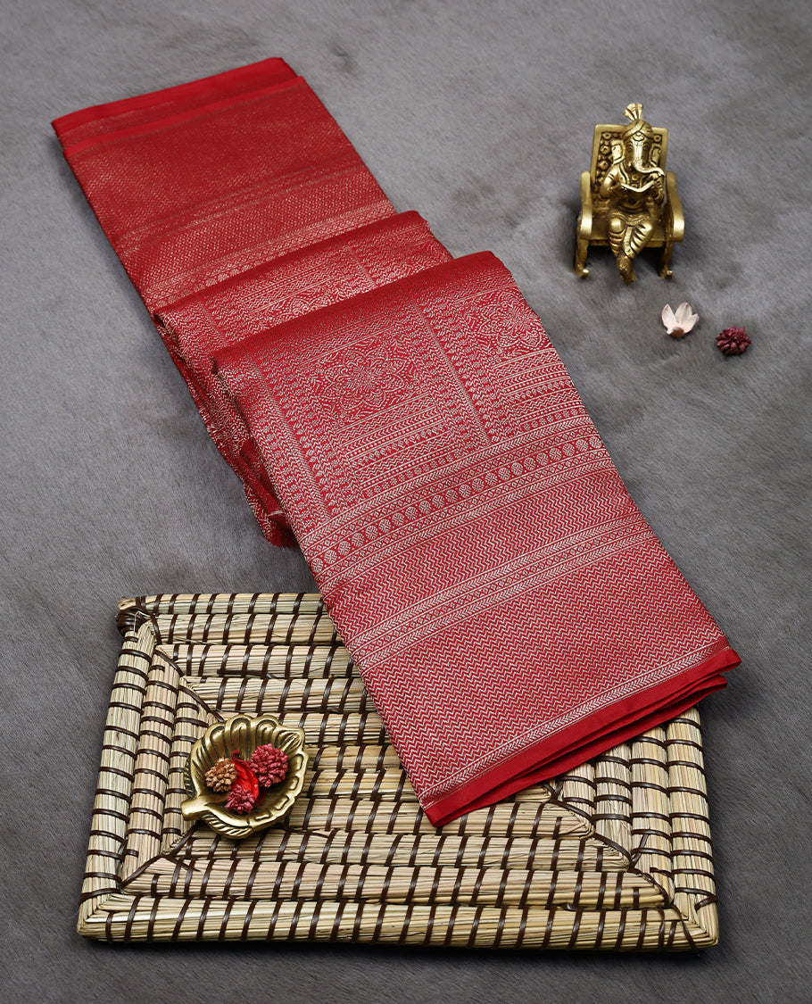 Red Colour Kancheepuram Wedding Silk Saree having Golden Zari Worked Body with Brocade Border and Blouse