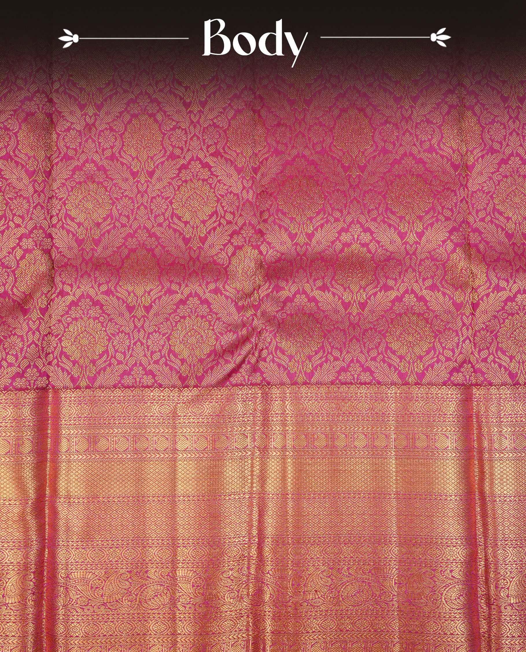 Magenta Colour Pure Kancheepuram Silk Saree Featuring Gold Zari Floral Kodi Pattern on the Body, Highlighting a Traditional Gold Zari Border, Paired with a Matching Blouse Piece.