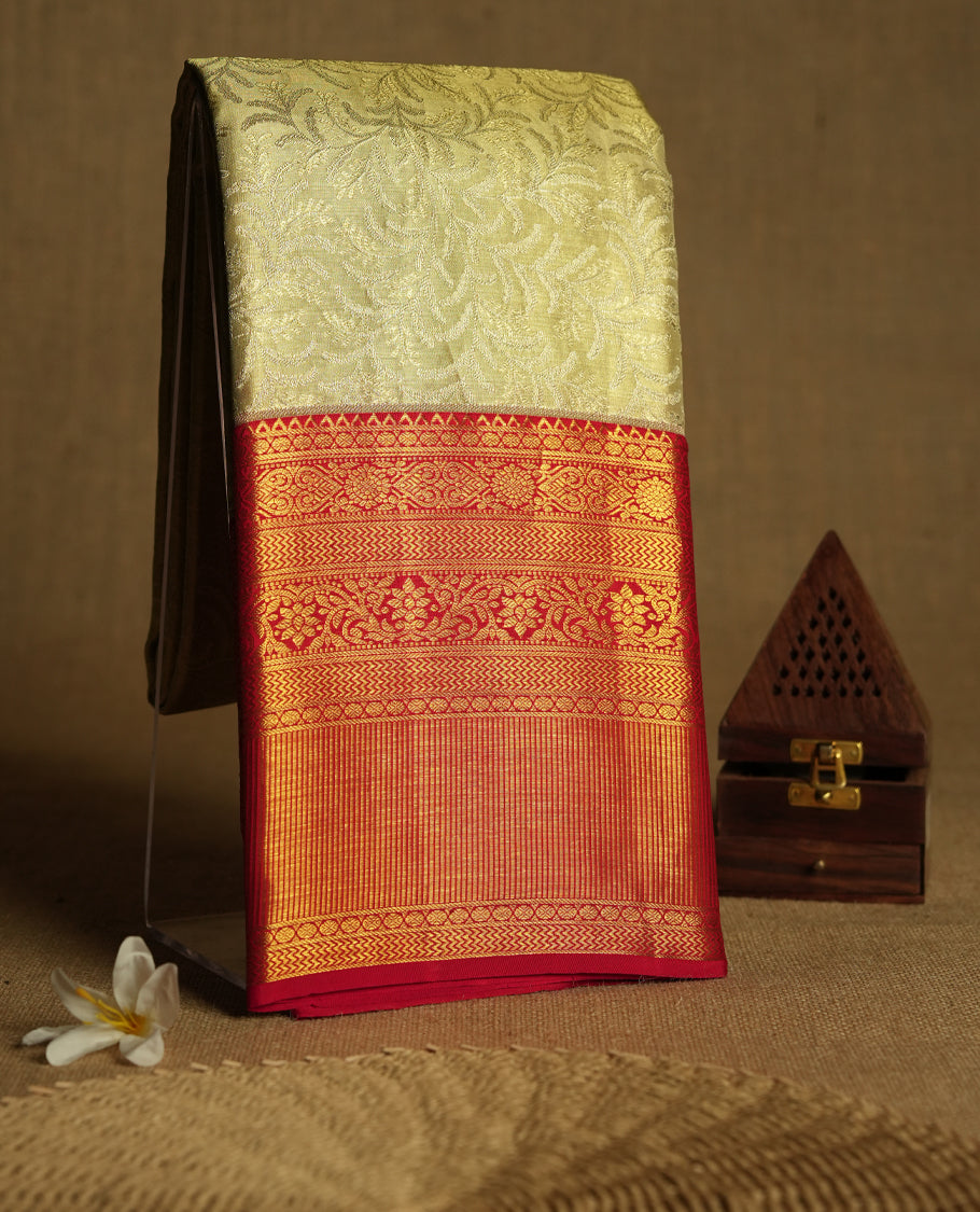 Light Gold Colour Tissue Wedding Silk Saree having Flora Jaal Worked Body with Contrast Border and Blouse