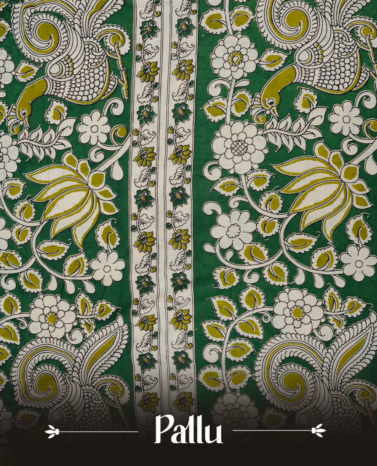 Green,olive green ,black & cream colour kalamkari cotton saree featuring kalamkari printed body & pallu, paired with a matching contrast blouse piece.