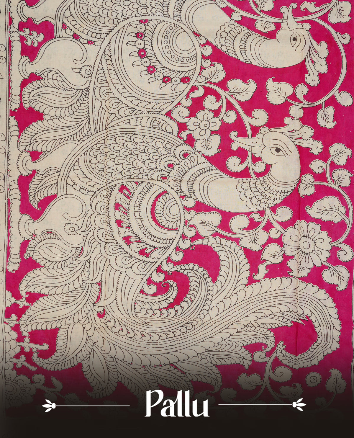 cream & magenta colour kalamkari cotton saree featuring kalamkari printed body & pallu, paired with a matching contrast blouse piece.