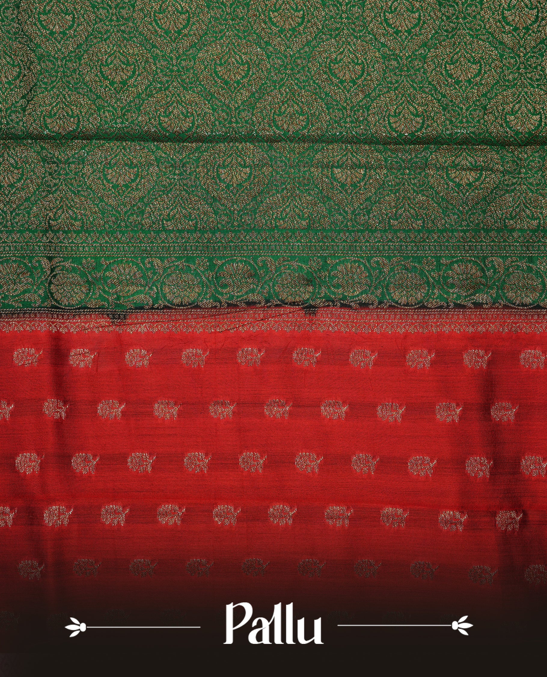 Red colour pure tussar Banaras silk saree featuring intricate gold zari motifs across the body, enhanced with a contrast green floral kodi zari border for a rich traditional look. Comes with a matching blouse piece.
