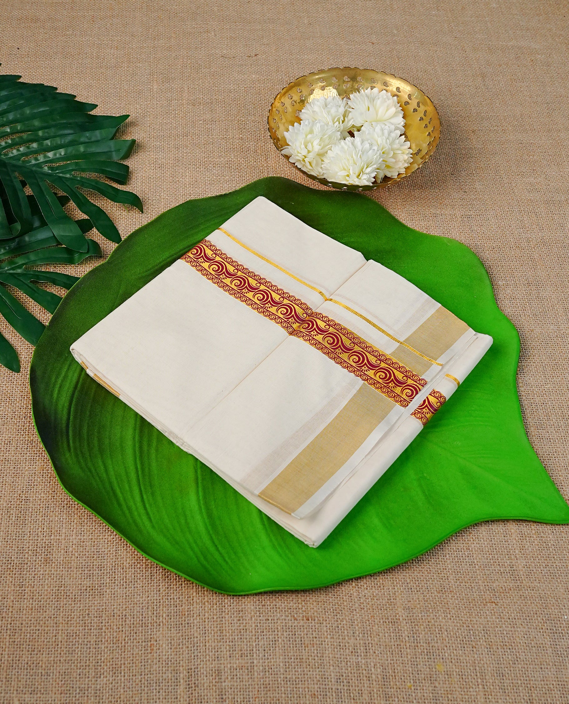 Cream Colour Cotton Double Dhoti Finished With A Classic Golden Zari Kara with Maroon colour digital print