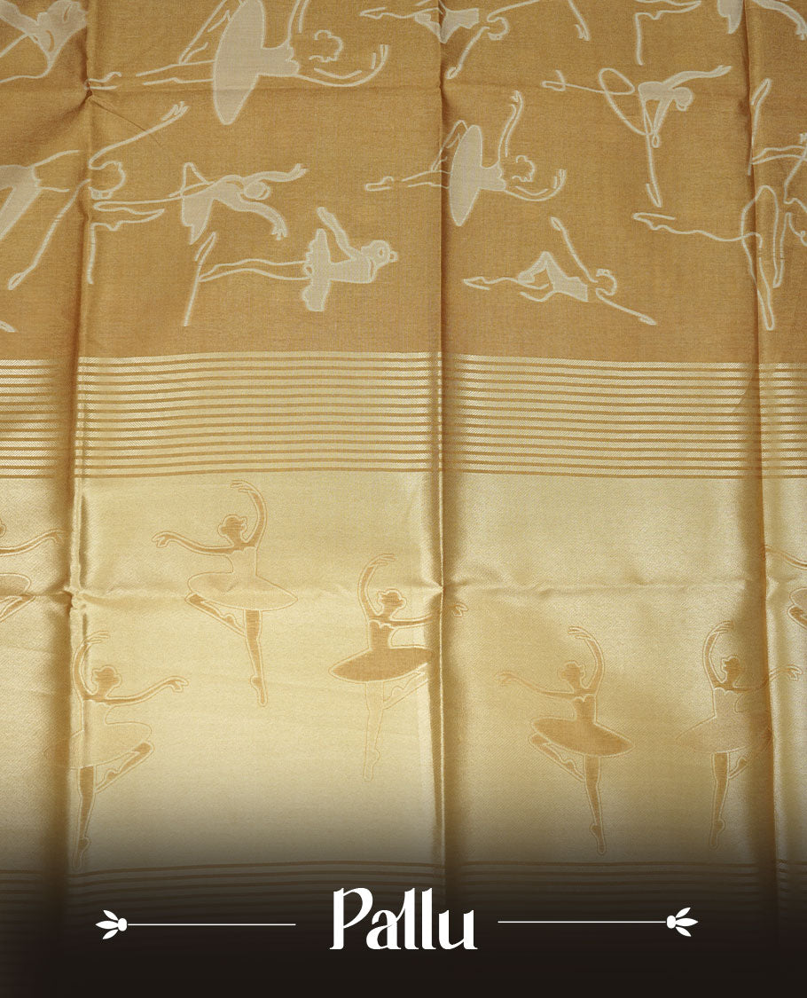Mustard colour semi tussar silk saree, featuring an intricate white dancing women motif on the body and pallu with gold zari , comes with matching blouse.