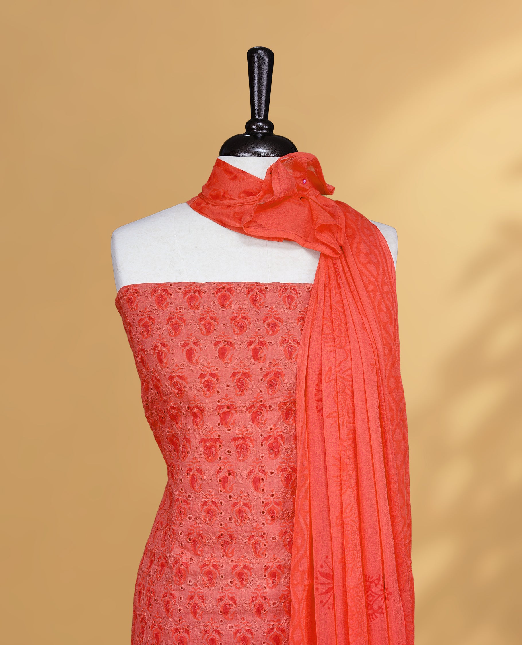 Red Colour Salwar Material Featuring Thread & Hokoda, Mango print Work On Body, paired with matching bottom & Dupatta.