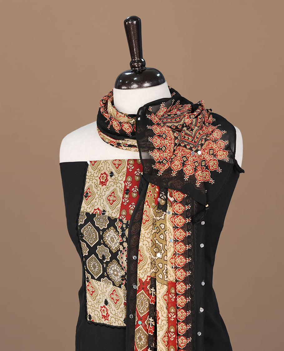 Black colour georgette salwar suit collection featuring plain body enhanced with elegant black bunch kalamkari print on neck yoke, detailed with subtle mirror work , paired with kalamkari printed dupatta with mirror work with santon material bottom.