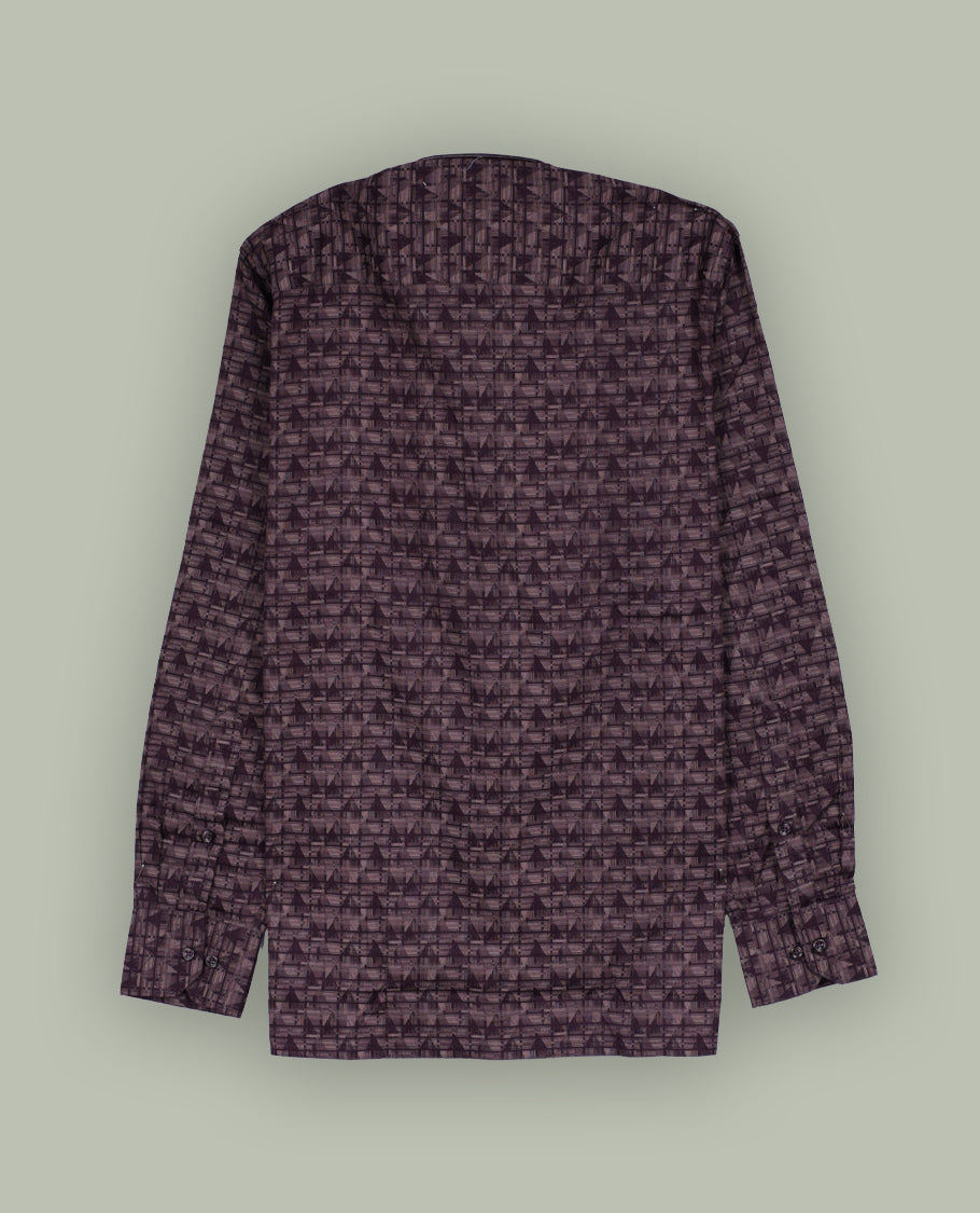 Wine colour geometric print shirt with a classic spread collar and full sleeves, Crafted from a premium cotton blend, it offers comfort and elegance.