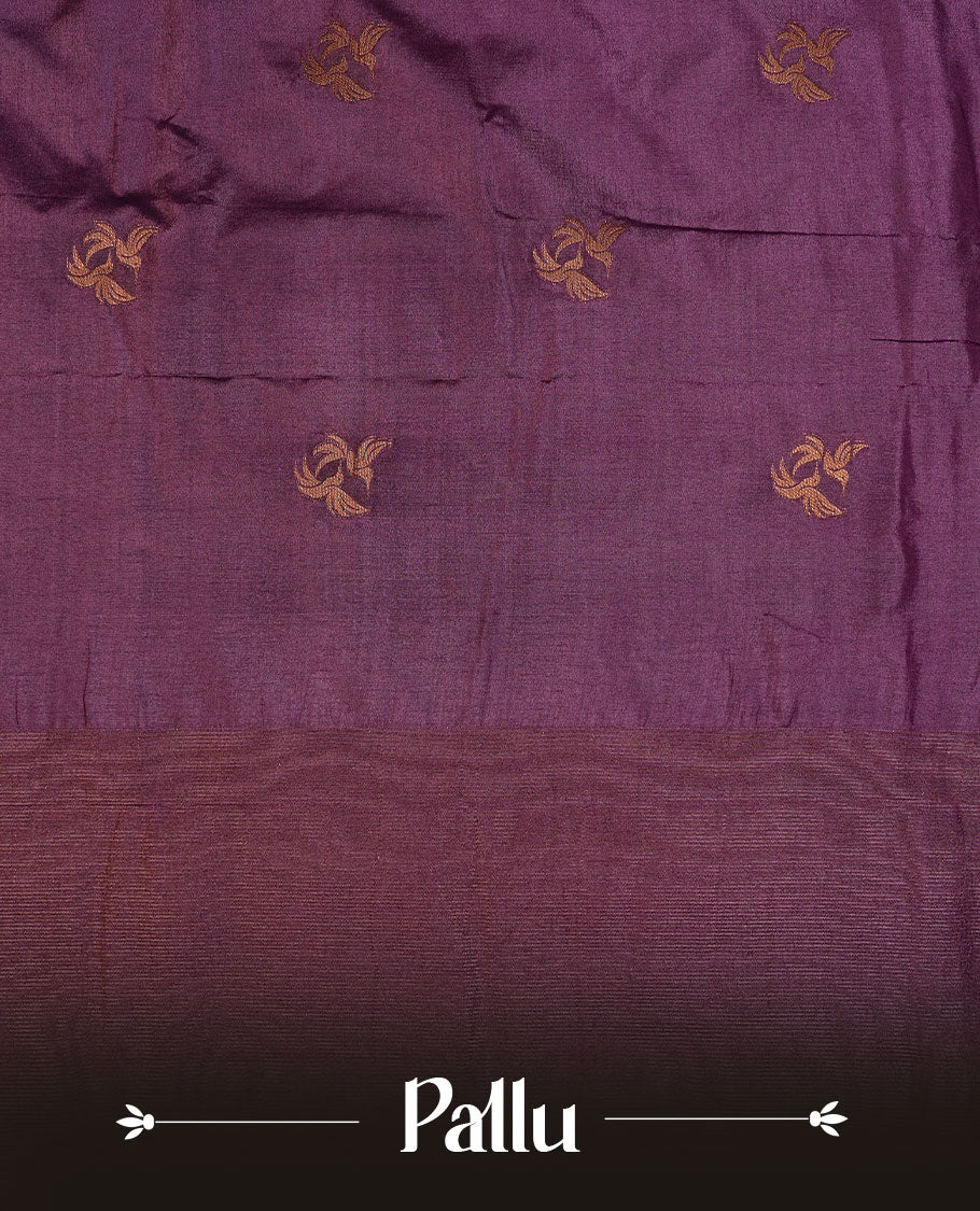 Purple colour semi banaras tussar silk saree highlighting gold zari bird motifs on body, complemented by self colour with antique zari border, paired with matching blouse piece.