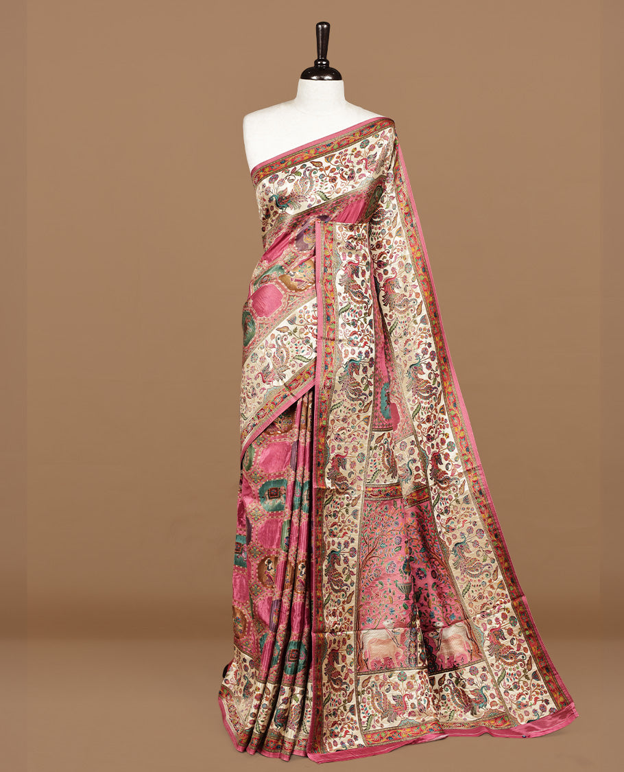 Pink colour Pashmina silk saree features an all over Multi colour box with motifs body, a contrast red floral kodi border and pallu, and a matching unstitched blouse.