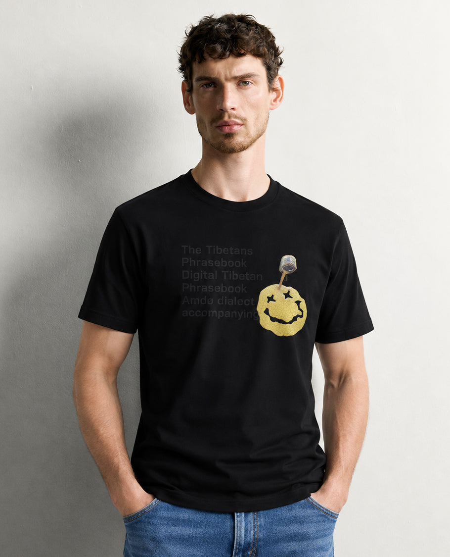 Black colour t shirt featuring round design neck, elegant Design body with a text, Half sleeve.