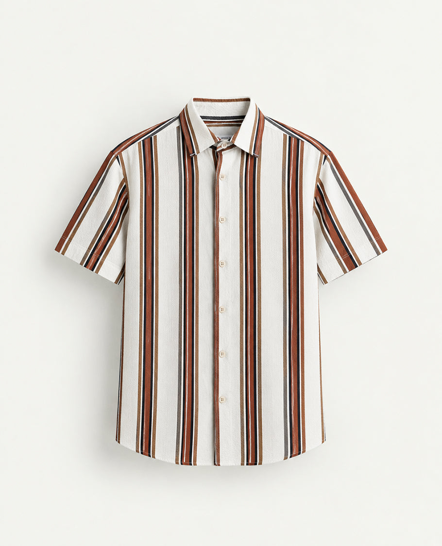 Off white colour shirt with Multi colour strip patterned body, Half sleeve.
