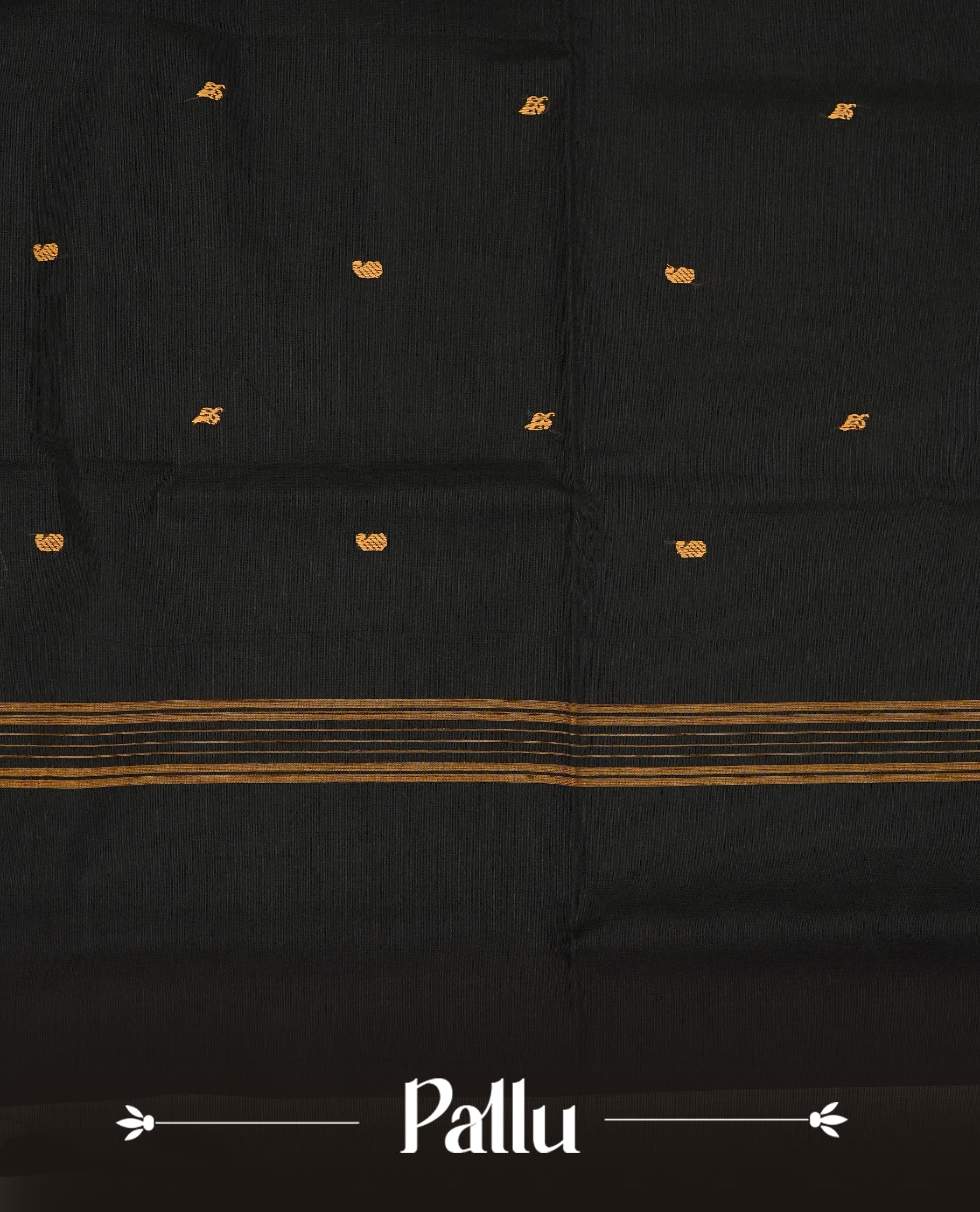 Black Colour Chettinad Cotton Saree Featuring Yellow Colour Mango Motifs on the Body, Complemented by a Magenta Border with Peacock & Mango Gold Zari Pattern and a Contrast Black Pallu, Paired with a Matching Blouse Piece.