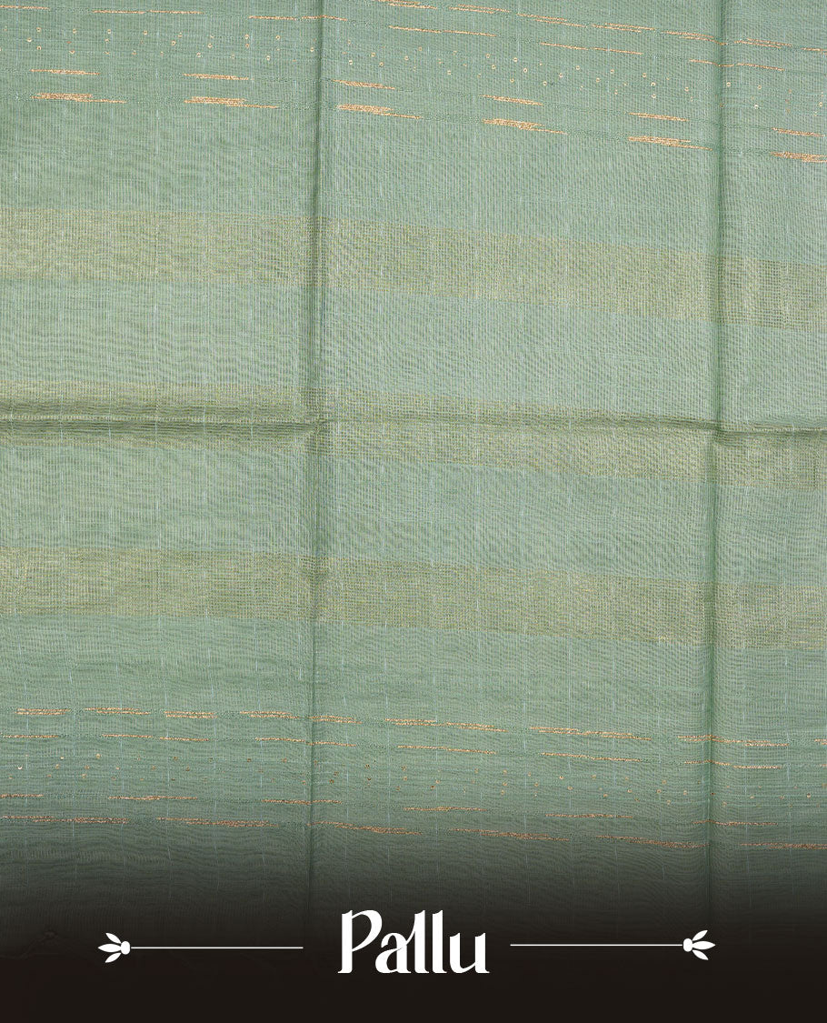 Mint colour semi jute saree highlighting gold zari striped body, without border and paired with matching blouse.