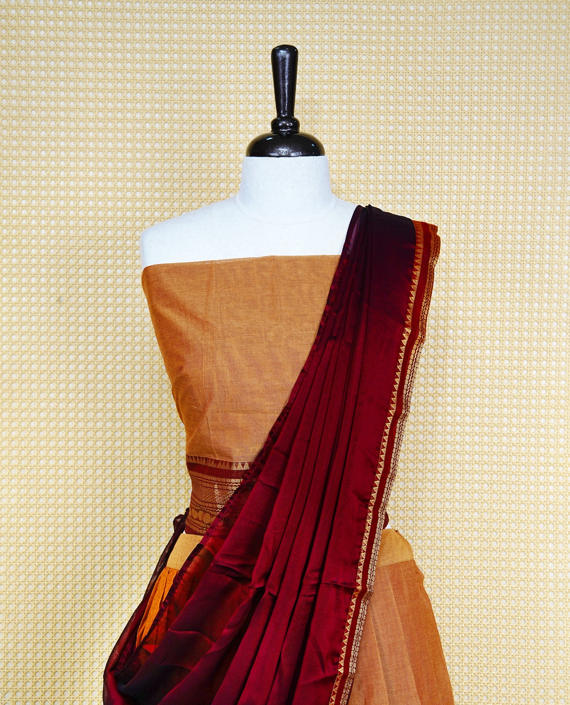Mustard colour Semi Stitched Dhavni set Featuring Mustard Skirt With Contrast Dark chocolate colour with Zari border, paired with UnStitched Blouse & Elegant Dupatta.