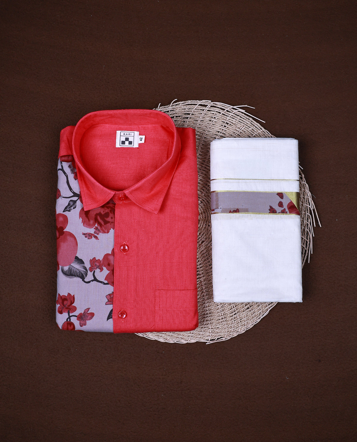 Half an Half Pink & light coffee brown Floral Printed KARI Shirt paired with a Cream Dhoti, elegantly finished with a matching floral border.