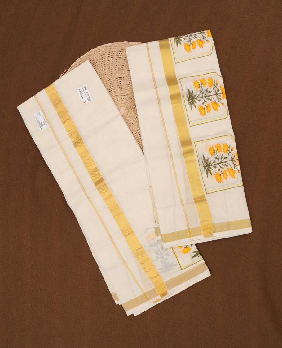 Off white colour cotton set mundu highlights gold traditional border (2.00/2.80 MTS)
