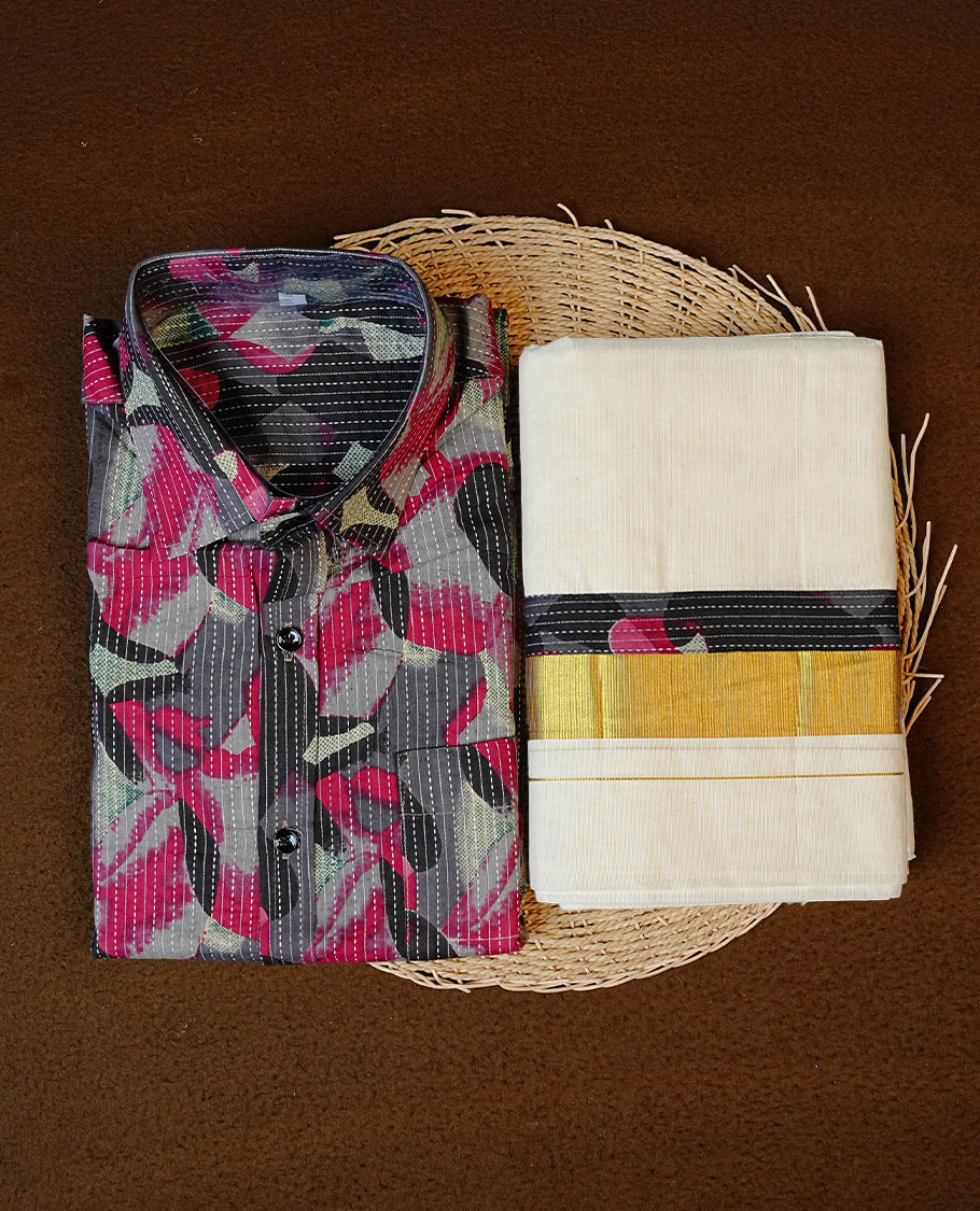Black and Purple Colour Printed Full-Sleeve Shirt, Paired with a Cotton Double Dhoti Featuring Matching Prints.
