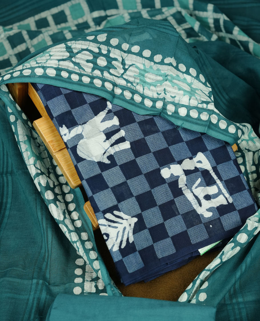 Dark Blue colour churidar material featuring a checked printed body with subtle motifs, paired with a matching bottom and coordinated printed dupatta.