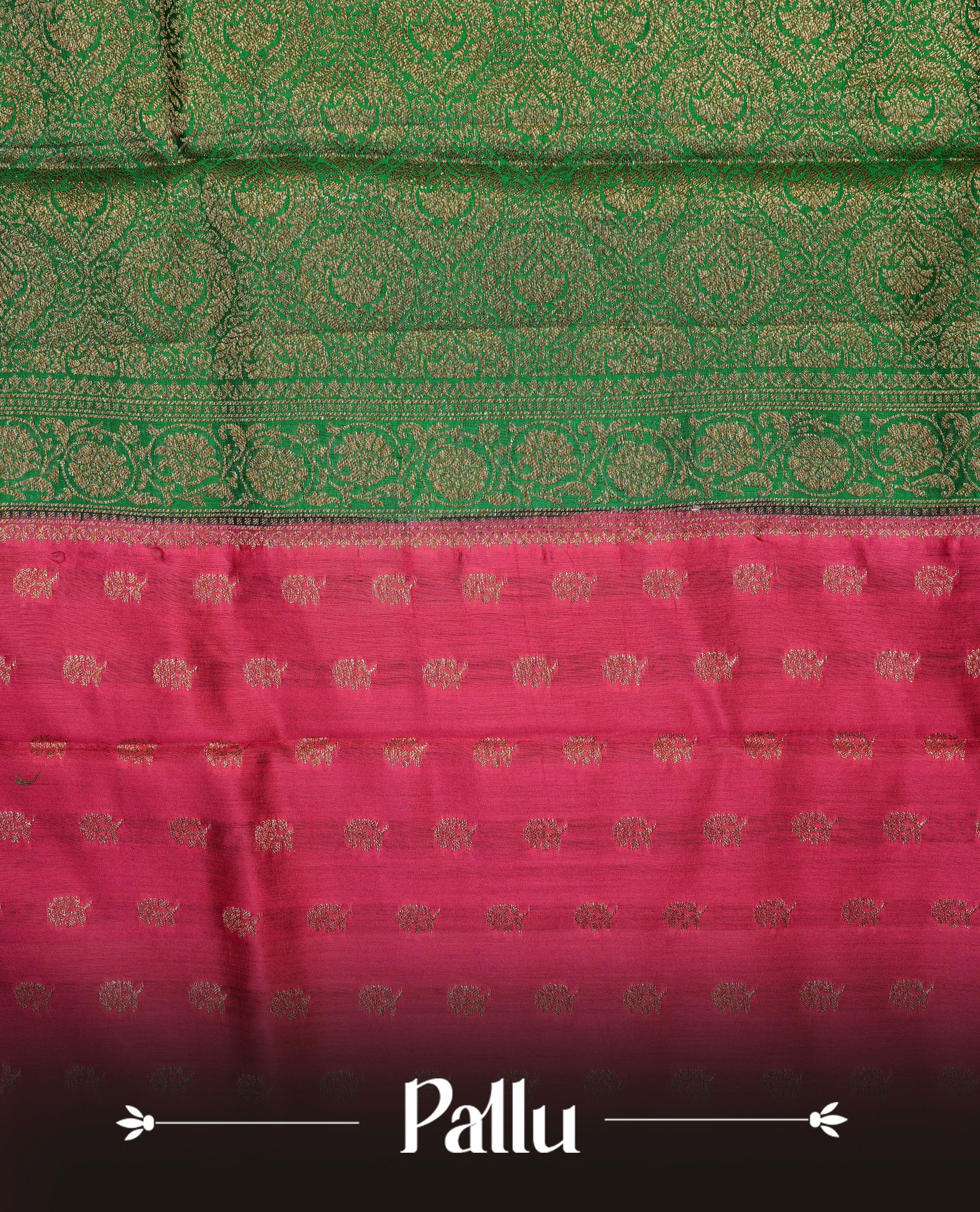 Magenta colour pure tussar Banaras silk saree featuring intricate gold zari motifs across the body, enhanced with a contrast green floral kodi zari border for a rich traditional look. Comes with a matching blouse piece.