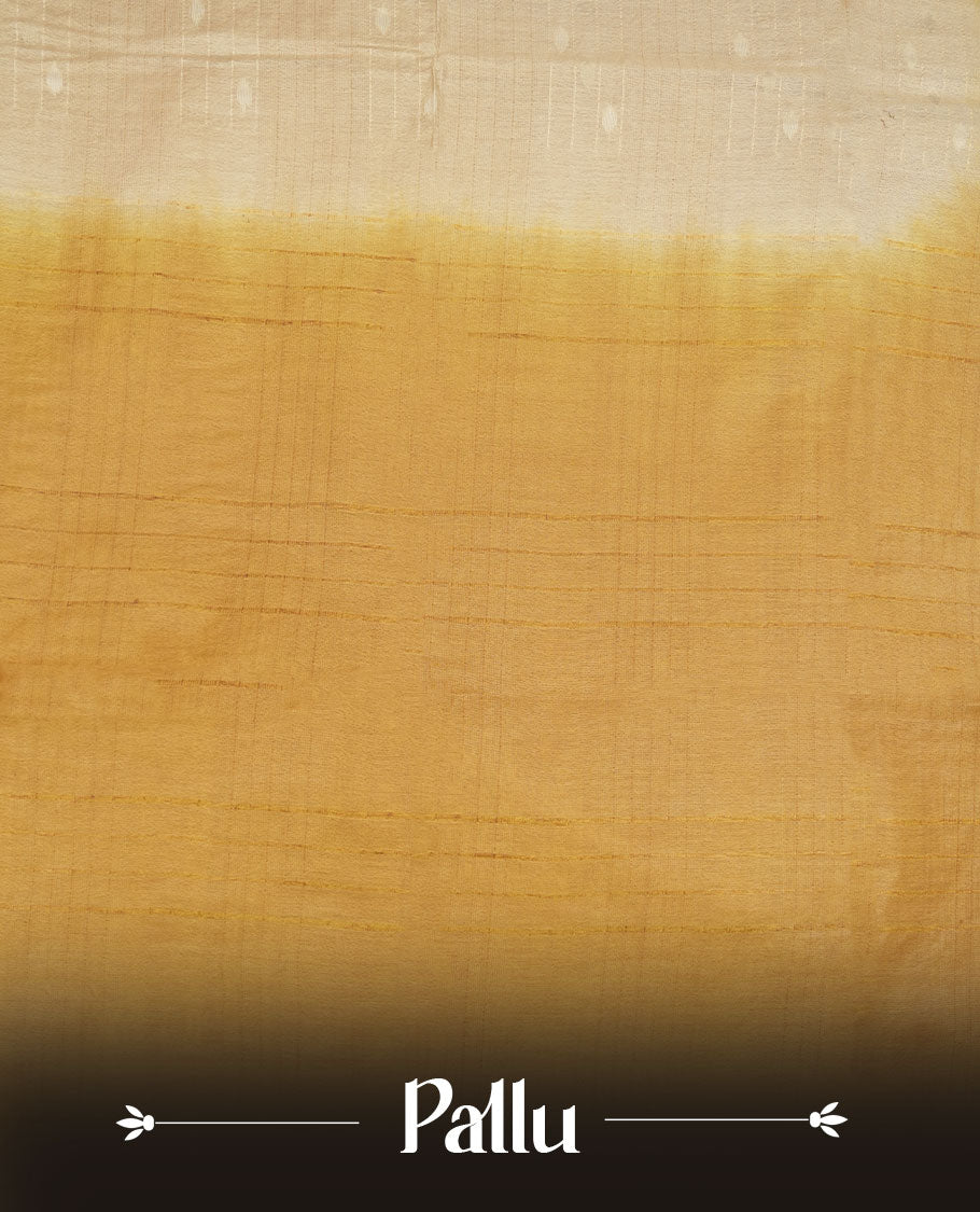 Cream & yellow dye pattern colour semi jute saree highlighting white stripped body, without border and paired with matching blouse.