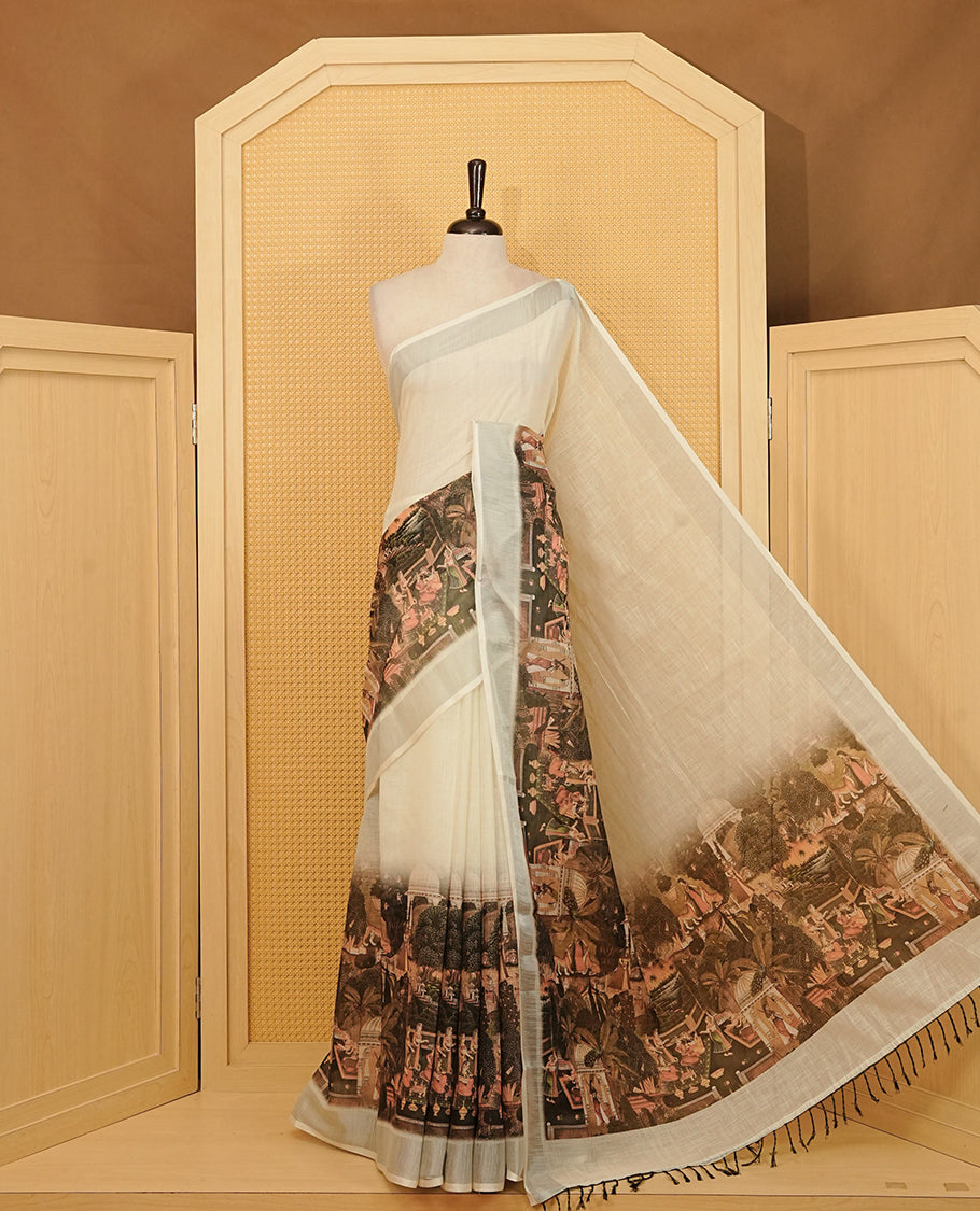 Off white Semi Linen Saree featuring One side Green Indian Cultural Painting print, silver tissue border, comes with Matching blouse piece with same unique Pattern.