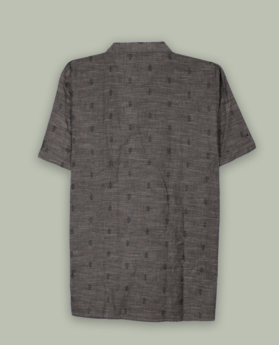 Charcoal grey colour short sleeve shirt featuring a subtle woven texture and minimalist embroidered motifs,Designed with a chinese collar , this piece offers a refined yet casual look for everyday wear.