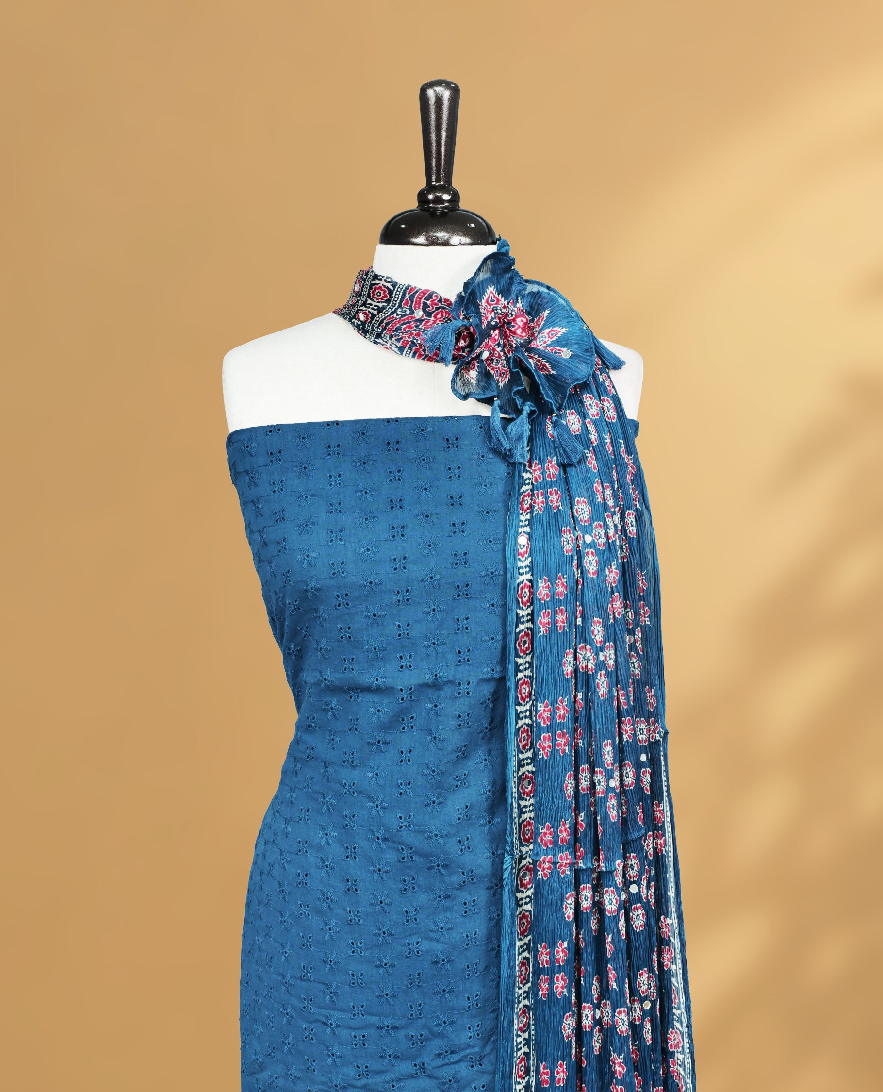 Blue Colour Salwar Material Featuring Thread & Hokoda Body, Paired with matching bottom & Printed Design Dupatta.