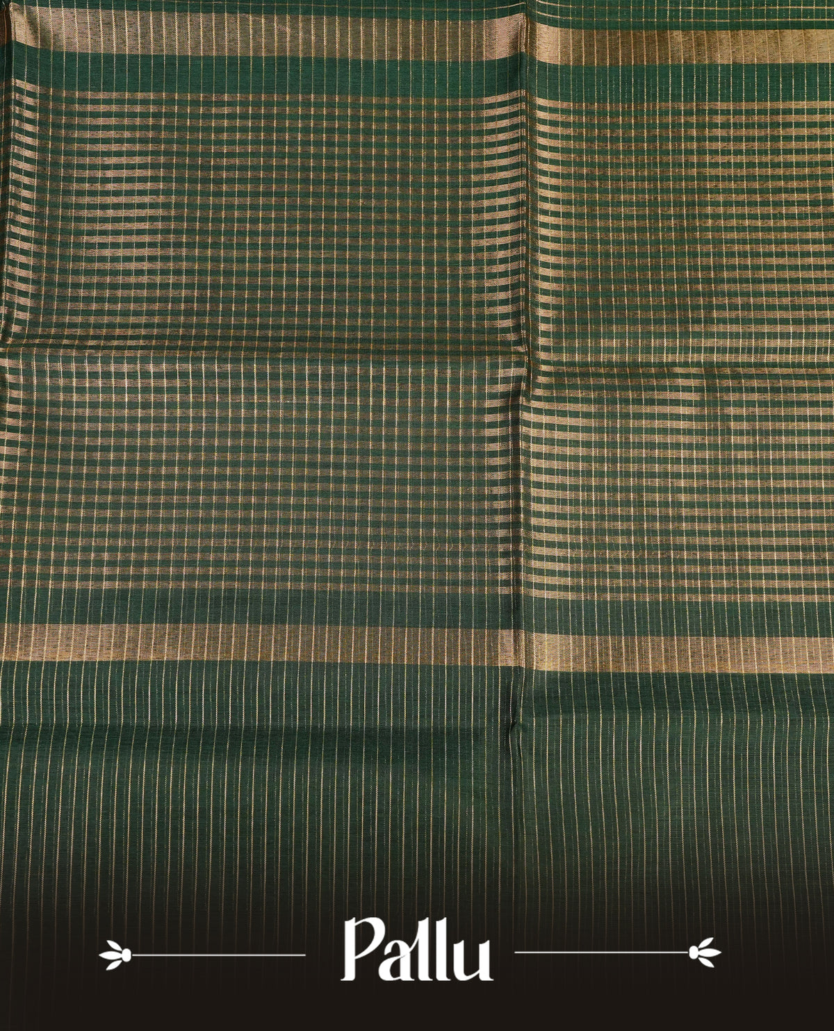 Bottle green colour Maheshwari cotton saree, gold zari small checks on body, complement self colour gold zari temple design border comes with matching blouse.