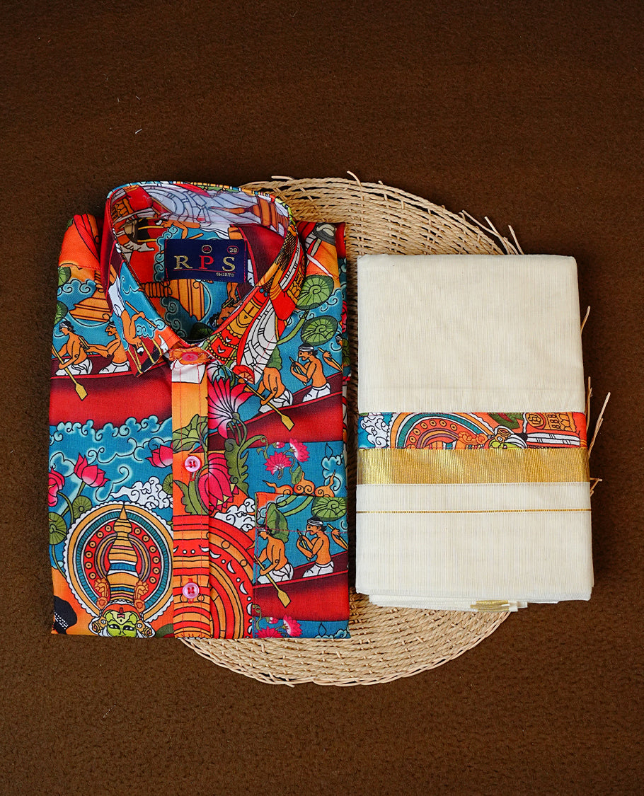 Kerala Art Form Printed Full-Sleeve Shirt, Paired with a Cotton Double Dhoti Featuring Matching Prints.