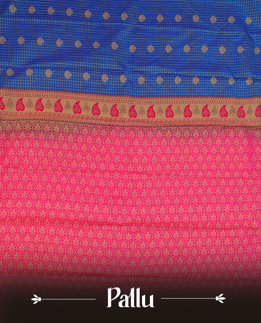 Blue colour semi silk saree highlighting gold zari check pattern and motifs across body, featuring contrast pink colour border with gold zari pattern, comes with matching blouse .