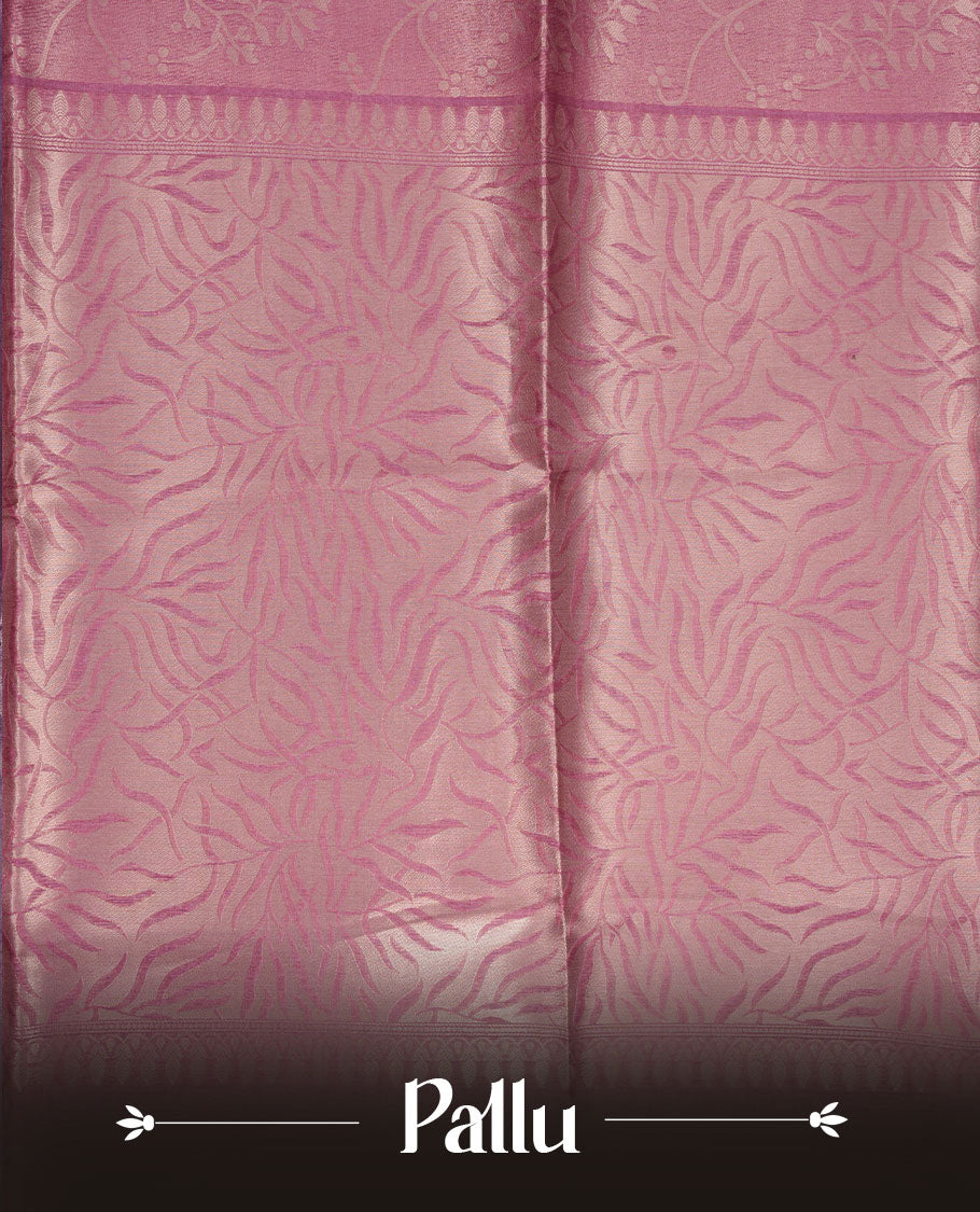 Pink colour semi tussar silk saree, featuring an intricate gold zari floral kodi pattern on the body and pallu, comes with matching blouse.