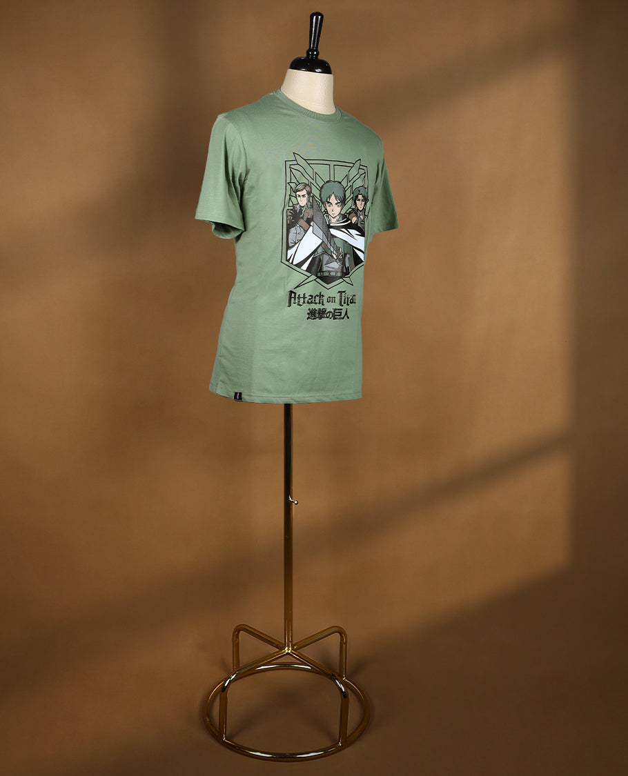 Pastel Green colour men's T shirt featuring bold anime character print with Japanese text, made from soft fabric with half sleeves and a crew neck for a stylish and comfortable fit