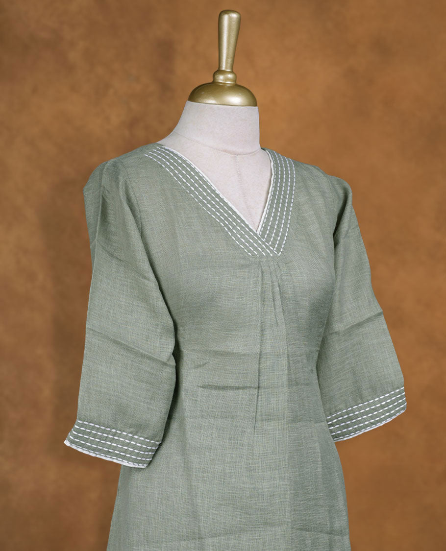 Gray green colour coord set with styled with a V neckline & sleeve, knee length design, with matching bottom .