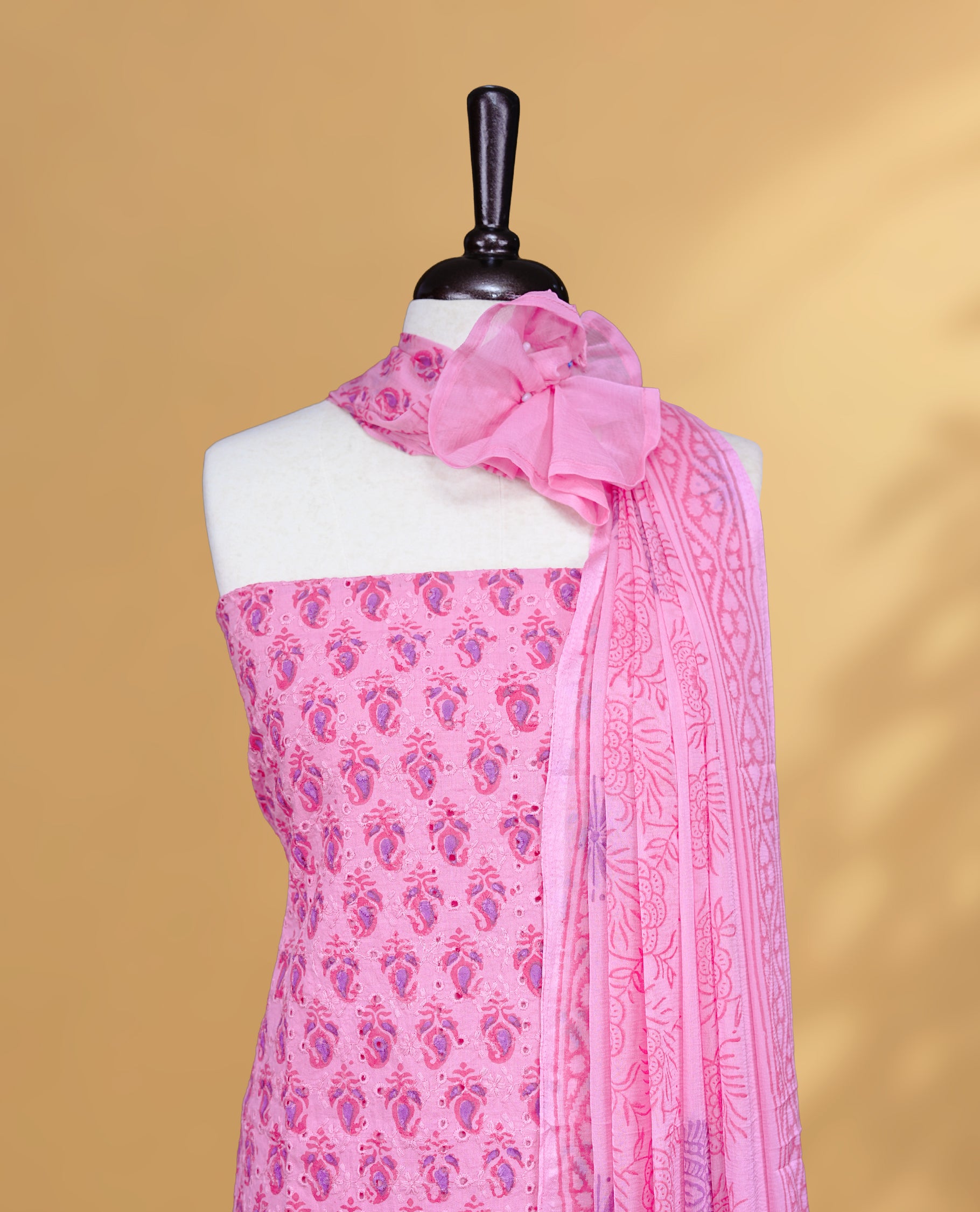 Pink Colour Salwar Material Featuring Thread & Hokoda, Mango print Work On Body, paired with matching bottom & Dupatta.