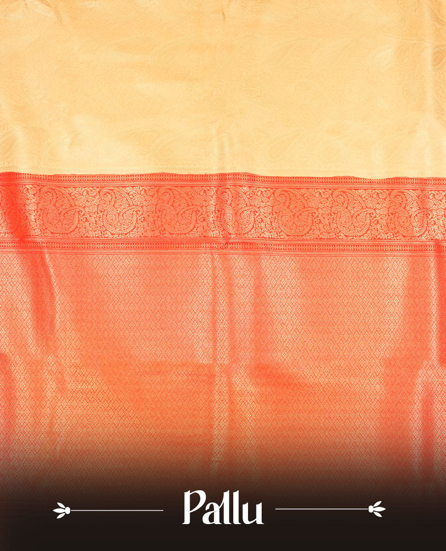 Cream colour semi silk brocade saree featuring intricate light Gold Floral kodi and leaf patterns across the body, complemented by a contrast red colour woven border and pallu, paired with a matching blouse.