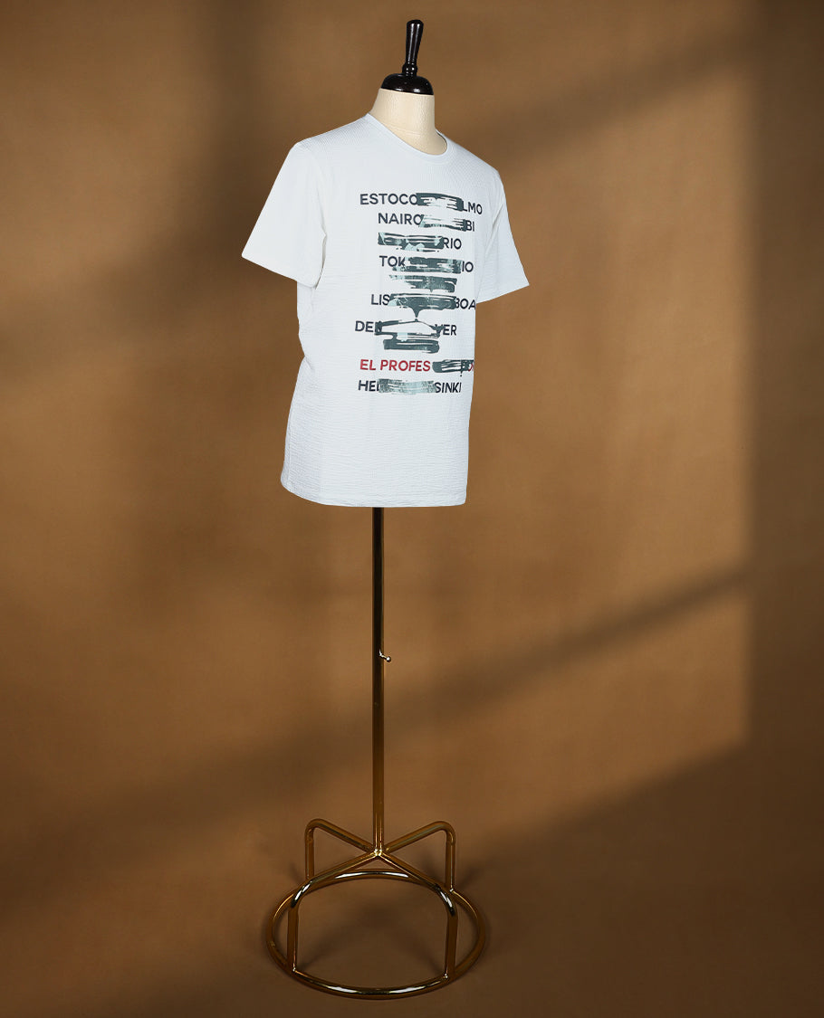 White men's graphic T shirt featuring bold text print inspired by Money Heist, with half sleeves and a crew neck, crafted from breathable soft fabric
