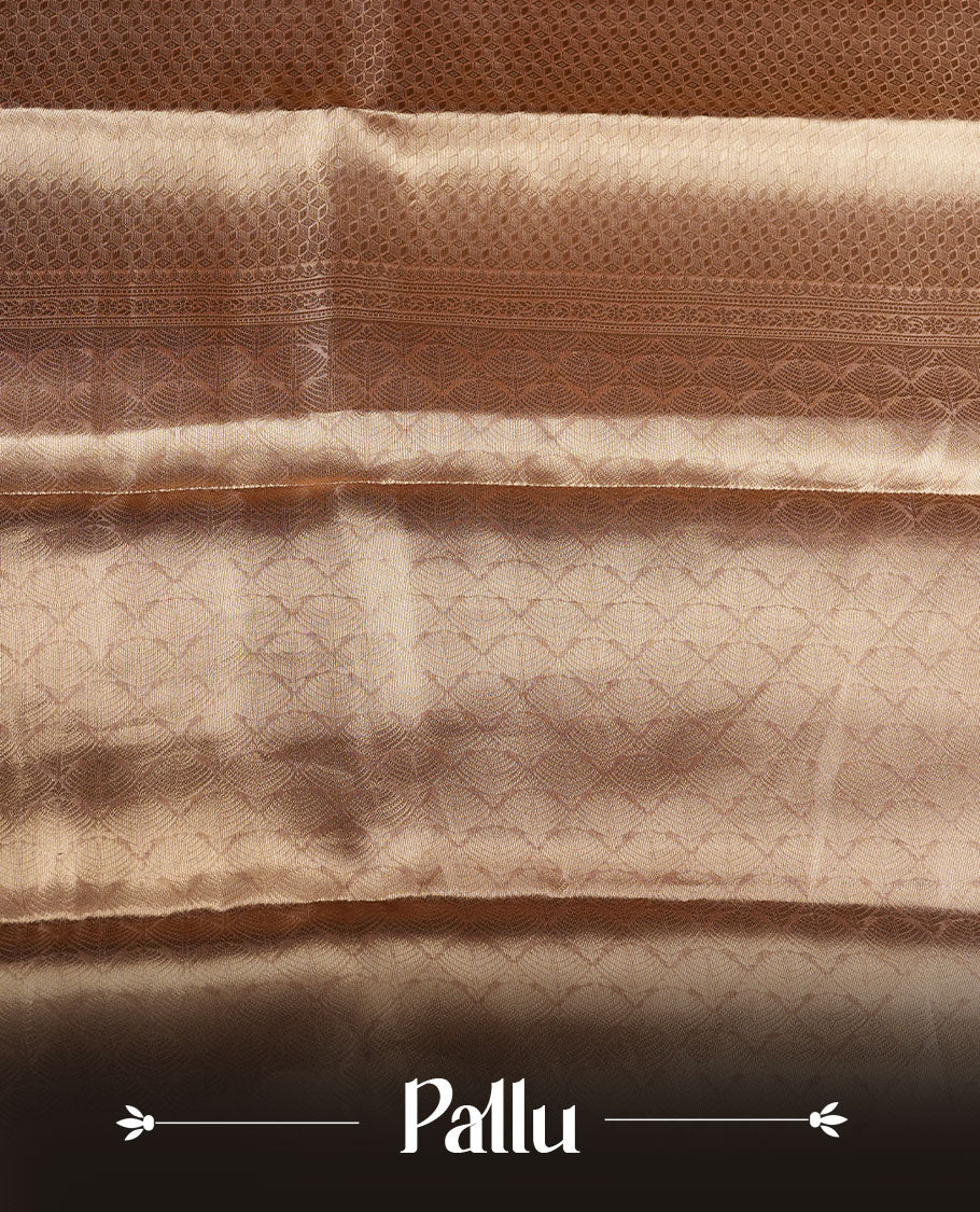 Dark Gold colour Pure banaras tissue silk saree featuring gold zari brocade design across body, with contrast peach colour with silver zari brocade border, finished with a matching blouse.