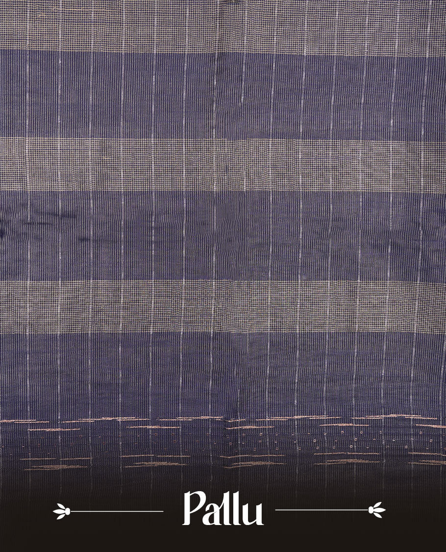 Dark blue colour semi jute saree highlighting gold zari striped body, without border and paired with matching blouse.