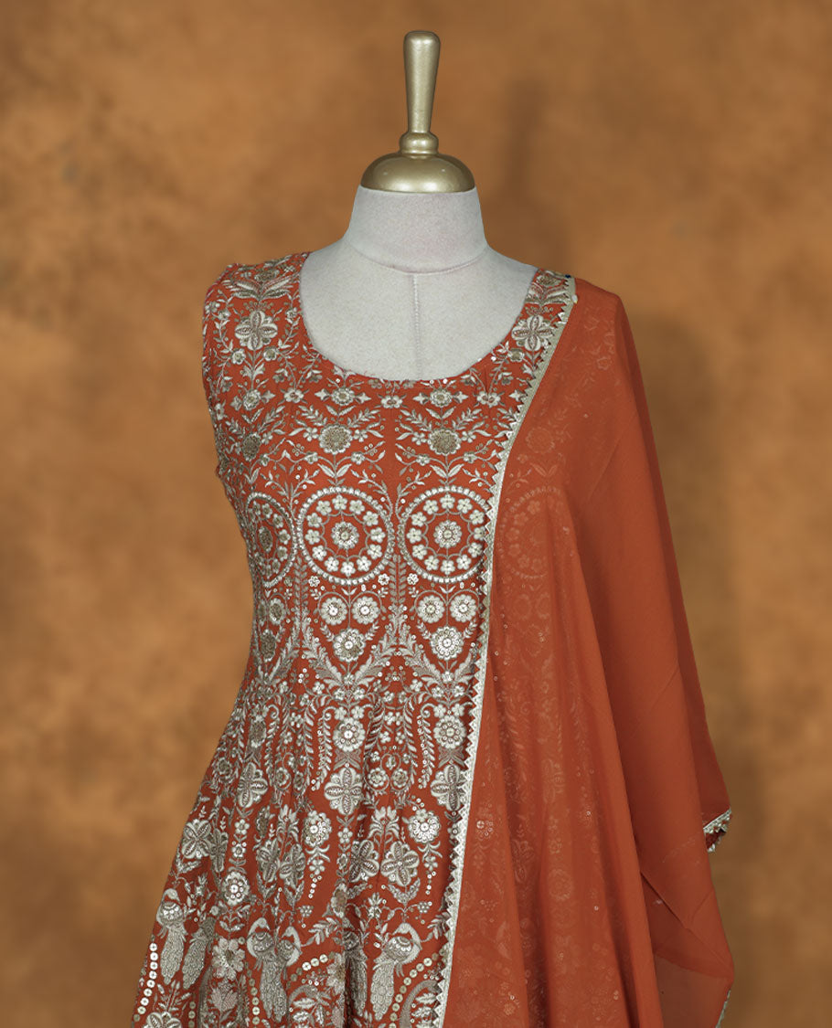 Orange colour sharara set featuring gold colour thread and beats embroidered neckline, body, sleeves, , Paired with a matching dupatta